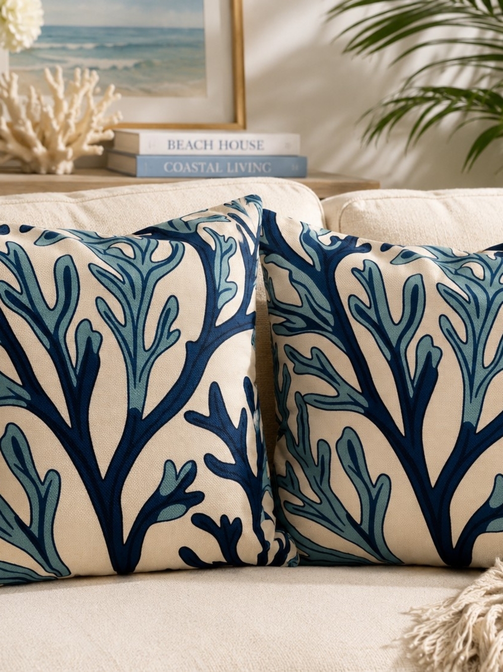 Coastal Blue Coral Print Pillow Covers- Set of 2